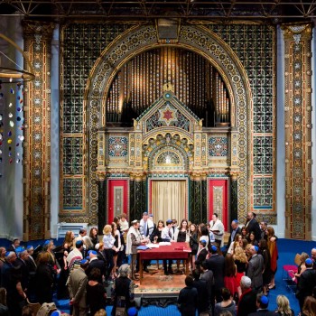 Bar mitzvah ceremony in temple