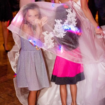 Flower girls hiding in bridal veil