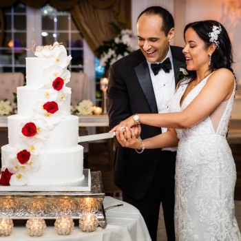 Bride and groom cut the wedding cake