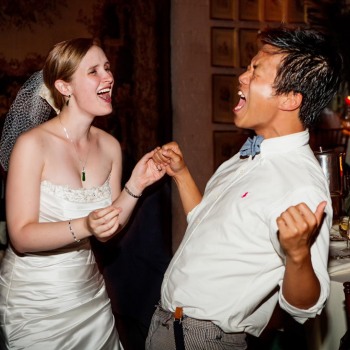 Newlyweds singing and dancing