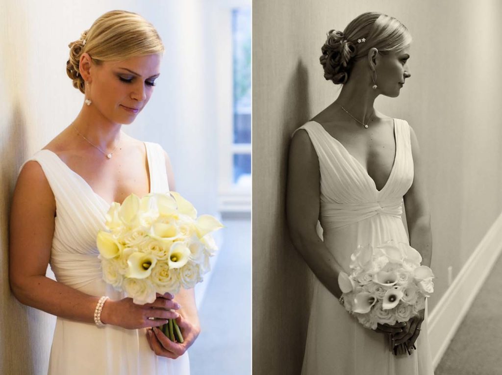 Beautiful bride in wedding gown holding her bouquet