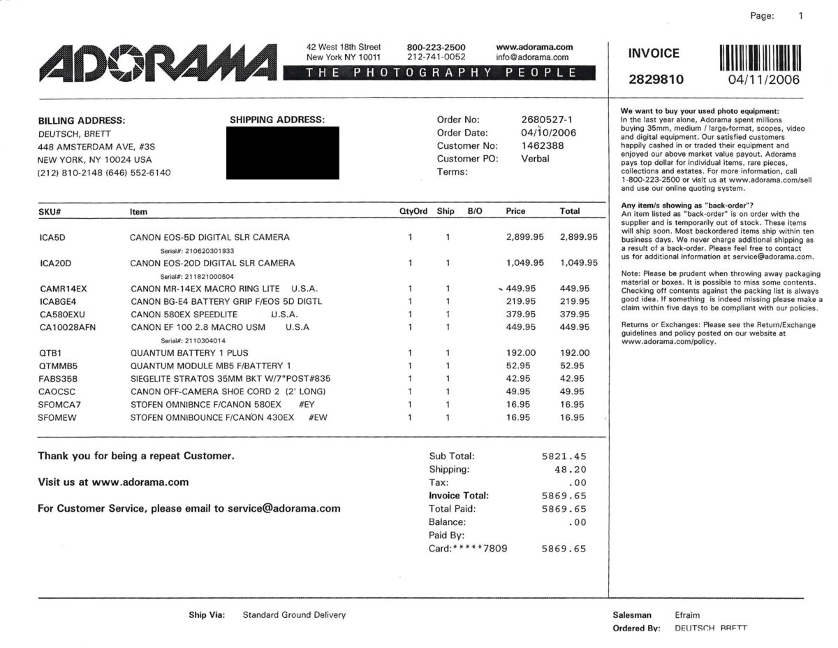 Receipt for the very first professional camera gear we bought